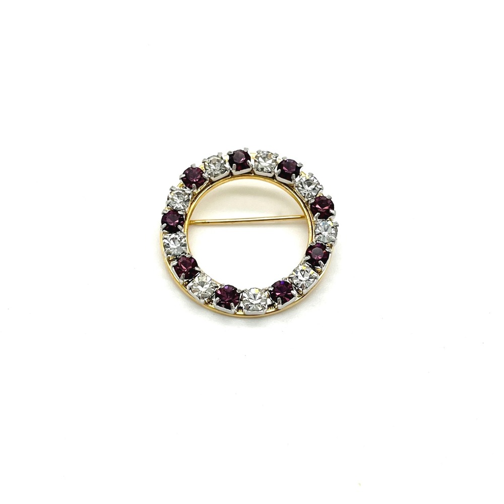Gold Circle Brooch Pin Purple Clear‎ Rhinestone Accent Vintage Jewelry